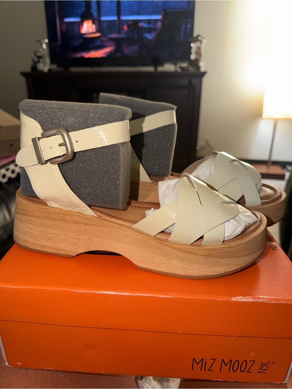 Miz Mooz Cream Leather Wedge Sandals with Ankle Strap - Picture 3 of 6